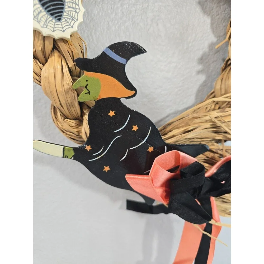 Vintage Rattan Halloween Wreath Witch By Lillian Vernon hand painted wooden